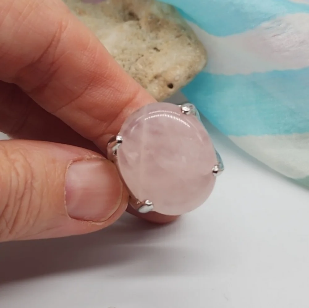 Nature Rose Quartz Silver Ring Healing Genuine Love Protective Crystal